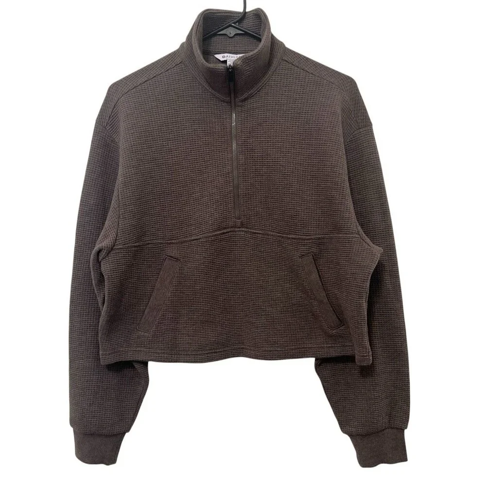 ATHLETA Chocolate Heather Tranquil Waffle Knit 1/2 Zip Crop Sweatshirt Active S - Picture 3 of 10
